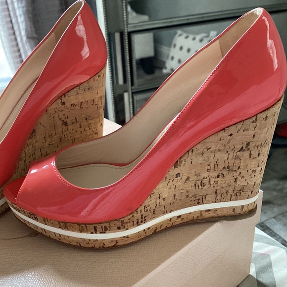 Prada Pink Patent Platform Wedge Heel Espadrille Peep Pumps Size 39.5 New In Box - Picture 2 of 7